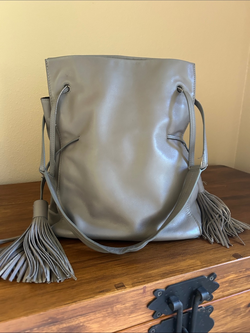 All Saints Gray Leather Drawstring Shoulder Bag with Tassels